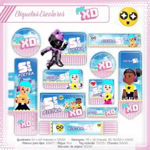 Etiqueta escolar personalizada PK XD menina em adesivo para caderno e lápis para imprimir e editar