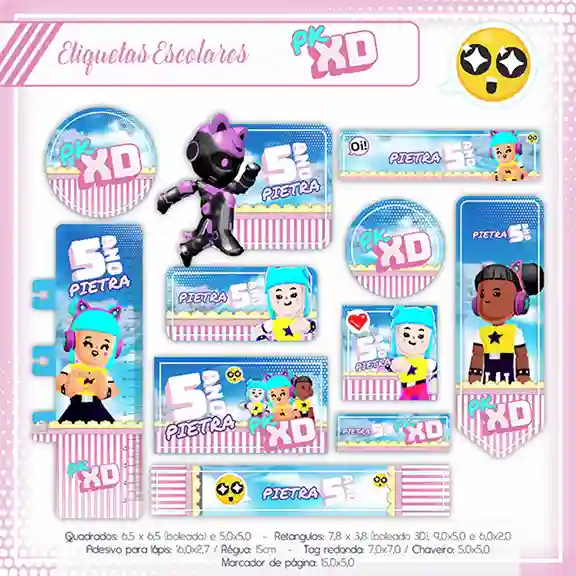 Etiqueta escolar personalizada PK XD menina em adesivo para caderno e lápis para imprimir e editar