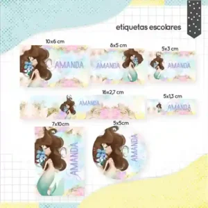 Kit de etiqueta escolar personalizada no tema Sereia Morena no formato Studio em alta resolução para cadernos.
