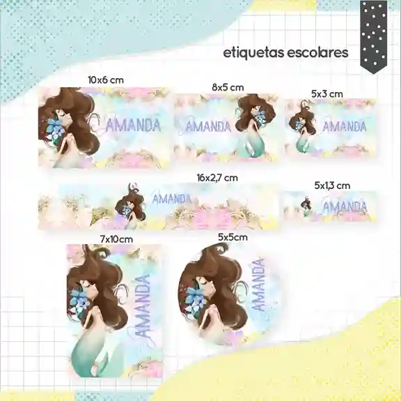 Kit de etiqueta escolar personalizada no tema Sereia Morena no formato Studio em alta resolução para cadernos.