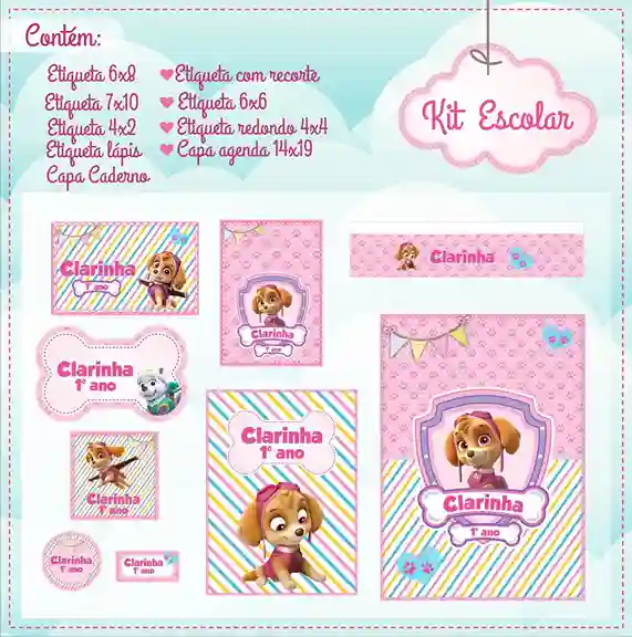 Etiqueta escolar personalizada Skye e Everest em adesivo para caderno e lápis para imprimir e editar