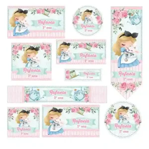 Etiqueta escolar personalizada tema Alice em adesivo para caderno e lápis para imprimir e editar