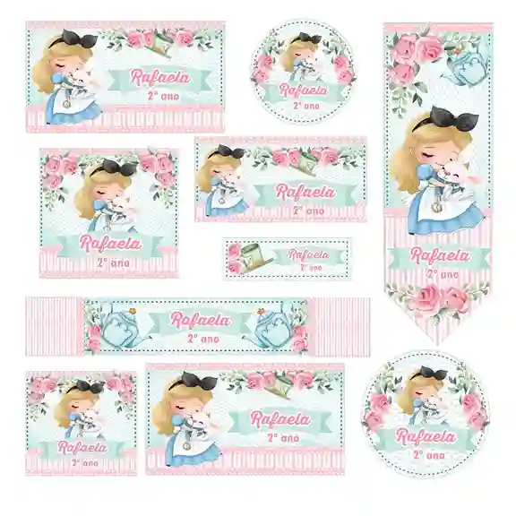 Etiqueta escolar personalizada tema Alice em adesivo para caderno e lápis para imprimir e editar