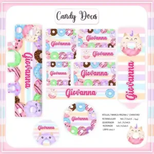 Kit de etiqueta escolar personalizada no tema Donuts em alta resolução para cadernos, livros e material escolar.