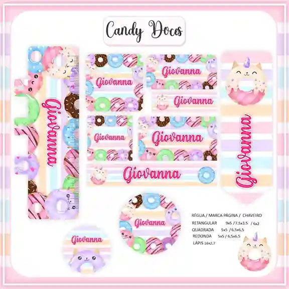 Kit de etiqueta escolar personalizada no tema Donuts em alta resolução para cadernos, livros e material escolar.