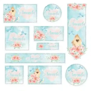 Etiqueta escolar personalizada tema Floral em adesivo para caderno e lápis para imprimir e editar