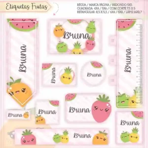 Etiqueta escolar personalizada tema Frutinhas em adesivo para caderno e lápis para imprimir e editar