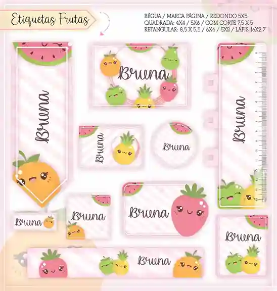 Etiqueta escolar personalizada tema Frutinhas em adesivo para caderno e lápis para imprimir e editar