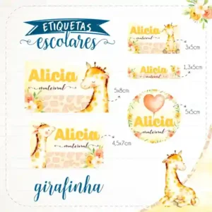 Etiqueta escolar personalizada tema Girafinha em adesivo para caderno e lápis para imprimir e editar