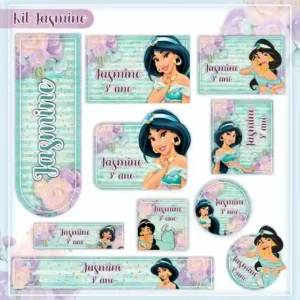 Etiqueta escolar personalizada tema Jasmine em adesivo para caderno e lápis para imprimir e editar