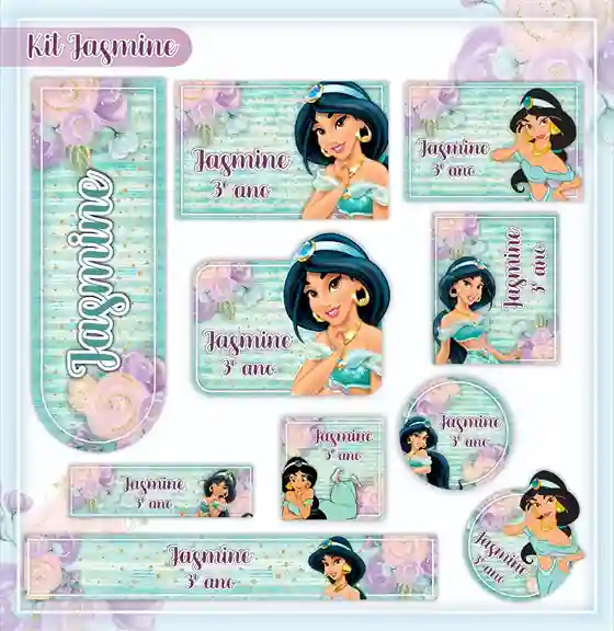 Etiqueta escolar personalizada tema Jasmine em adesivo para caderno e lápis para imprimir e editar