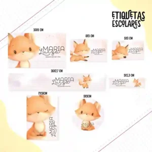 Kit de etiqueta escolar personalizada no tema Raposinha em alta resolução para cadernos, livros e materiais.