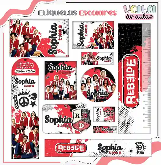 Etiqueta escolar personalizada tema Rebelde em adesivo para caderno e lápis para imprimir e editar