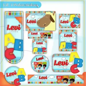 Etiqueta escolar personalizada 3 Palavrinhas em adesivo para caderno e lápis para imprimir e editar
