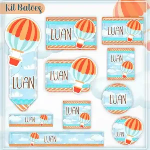 Kit de etiqueta escolar personalizada no tema Balão de Ar no formato Studio em alta resolução para cadernos e livros.