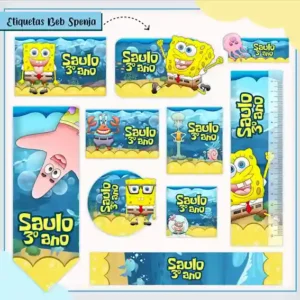 Etiqueta escolar personalizada Bob Esponja em adesivo para caderno e lápis para imprimir e editar