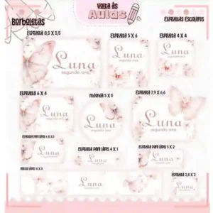 Etiqueta escolar personalizada borboleta rosa em adesivo para caderno e lápis para imprimir e editar