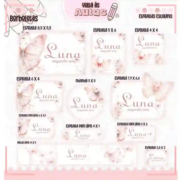 Etiqueta escolar personalizada borboleta rosa em adesivo para caderno e lápis para imprimir e editar