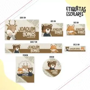 Kit de etiqueta escolar personalizada no tema Bosque Animais em alta resolução para cadernos, livros e materiais.
