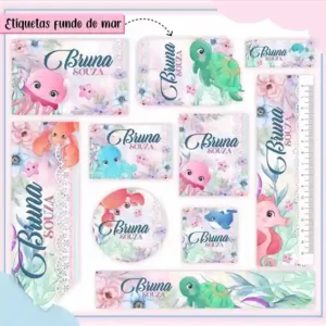 Kit de etiqueta escolar personalizada no tema Fundo do Mar em alta resolução para cadernos, livros e material escolar.