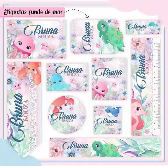 Kit de etiqueta escolar personalizada no tema Fundo do Mar em alta resolução para cadernos, livros e material escolar.