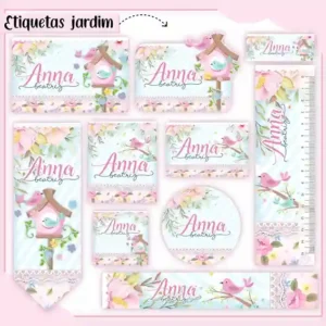 Kit de etiqueta escolar personalizada no tema Jardim de Pássaros em alta resolução para cadernos, livros e papéis.