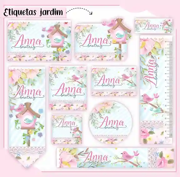 Kit de etiqueta escolar personalizada no tema Jardim de Pássaros em alta resolução para cadernos, livros e papéis.