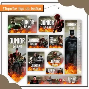 Etiqueta escolar personalizada Liga da Justiça em adesivo para caderno e lápis para imprimir e editar
