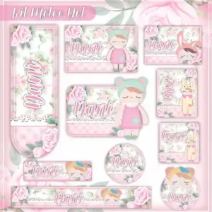 Etiqueta escolar personalizada Metoo Doll em adesivo para caderno e lápis para imprimir e editar