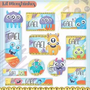 Kit de etiqueta escolar personalizada no tema Monstrinhos no formato Studio para cadernos e livros escolares.