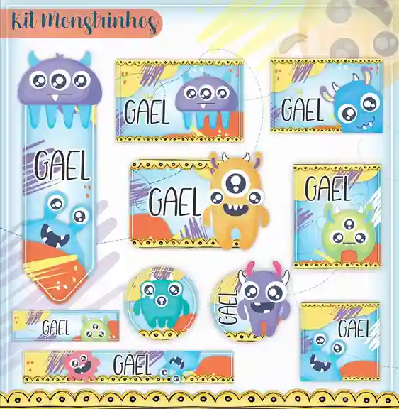 Kit de etiqueta escolar personalizada no tema Monstrinhos no formato Studio para cadernos e livros escolares.