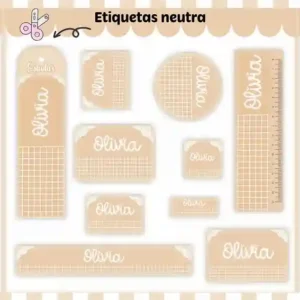 Etiqueta escolar personalizada neutro bege em adesivo para caderno e lápis para imprimir e editar