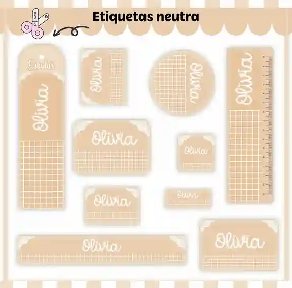 Etiqueta escolar personalizada neutro bege em adesivo para caderno e lápis para imprimir e editar
