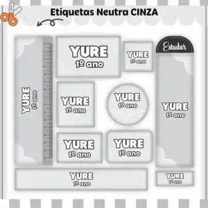 Etiqueta escolar personalizada Neutro Cinza em adesivo para caderno e lápis para imprimir e editar