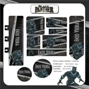 Kit de etiqueta escolar personalizada no tema Pantera Negra em alta resolução para cadernos, livros e papéis.