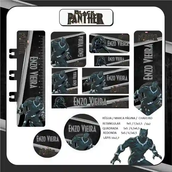 Kit de etiqueta escolar personalizada no tema Pantera Negra em alta resolução para cadernos, livros e papéis.