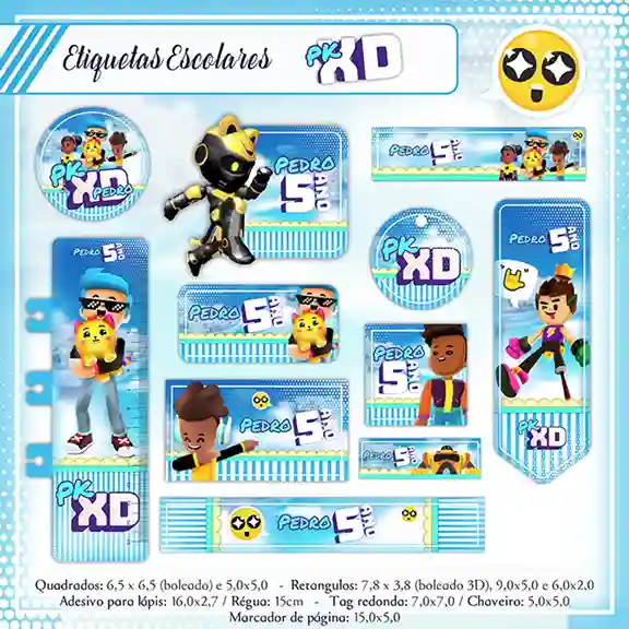 Etiqueta escolar personalizada PK XD menino em adesivo para caderno e lápis para imprimir e editar