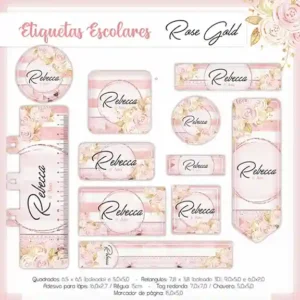 Etiqueta escolar personalizada Rose Gold em adesivo para caderno e lápis para imprimir e editar
