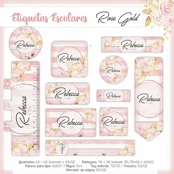 Etiqueta escolar personalizada Rose Gold em adesivo para caderno e lápis para imprimir e editar