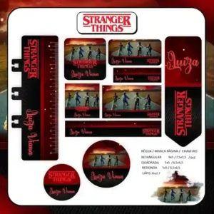 Kit de etiqueta escolar personalizada no tema Stranger Things no formato Studio em alta resolução para cadernos.