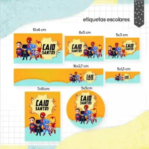 Kit de etiqueta escolar personalizada no tema Super Heróis no formato Studio em alta resolução para cadernos.
