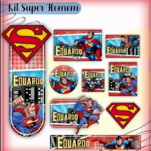Kit de etiqueta escolar personalizada no tema Super Homem em alta resolução para cadernos, livros e material escolar.