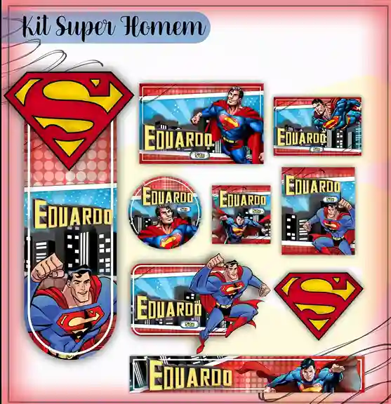 Kit de etiqueta escolar personalizada no tema Super Homem em alta resolução para cadernos, livros e material escolar.