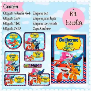 Etiqueta escolar personalizada Super Wings em adesivo para caderno e lápis para imprimir e editar