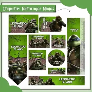 Kit de etiqueta escolar personalizada no tema Tartarugas Ninjas no formato Studio em alta resolução para cadernos.