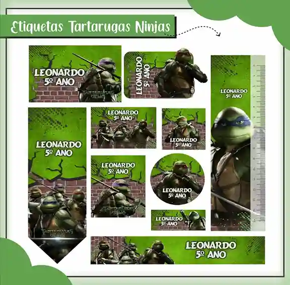 Kit de etiqueta escolar personalizada no tema Tartarugas Ninjas no formato Studio em alta resolução para cadernos.