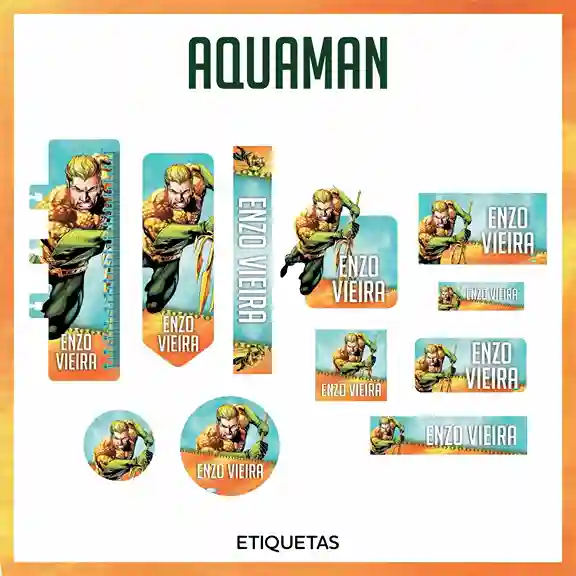 Etiqueta escolar personalizada tema Aquaman em adesivo para caderno e lápis para imprimir e editar