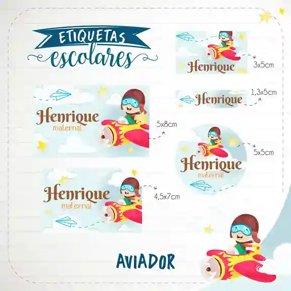 Kit de etiqueta escolar personalizada no tema Aviador no formato Studio em alta resolução para cadernos e livros.
