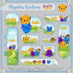 Kit de etiqueta escolar personalizada no tema Bolofofos no formato Studio em alta resolução para cadernos e livros.