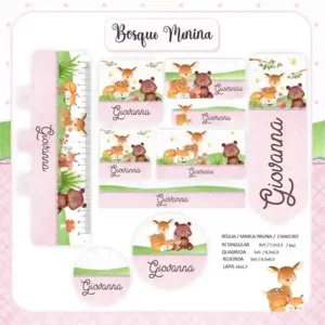 Etiqueta escolar personalizada tema Bosque em adesivo para caderno e lápis para imprimir e editar